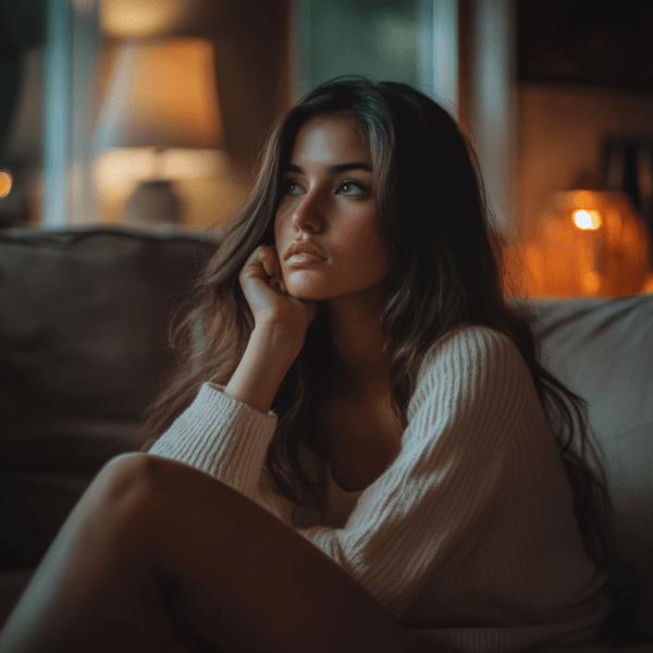 u5587119999_woman_sitting_on_a_couch_with_her_hand_on_her_chi_dc3f2e33-b5d9-406c-92ae-34f3df281b1f_3